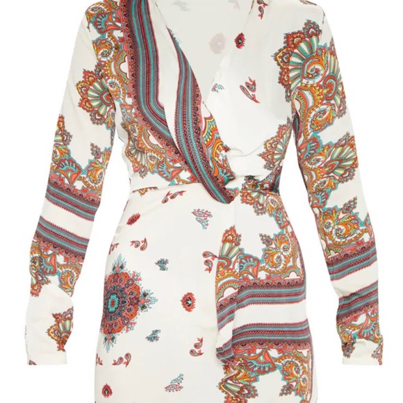 White Printed Silky Wrap Dress - Picture 3 of 5